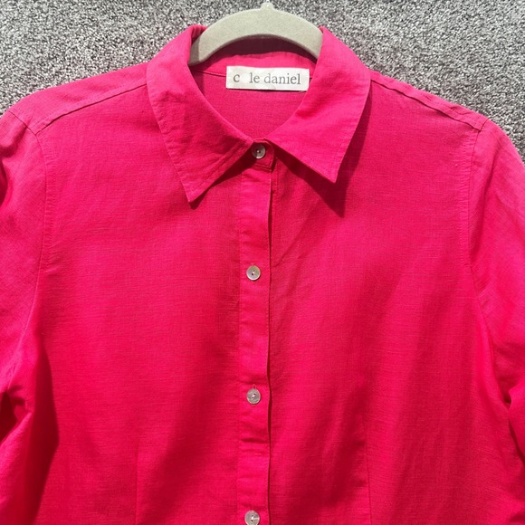 C Le Daniel Button Up Blouse Top Women XS Pink Linen Cotton Roll Tab Long Sleeve - Picture 7 of 13